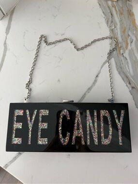 Nordstrom Black 'EYE CANDY' Glitter Acrylic Box Clutch with Silver Chain